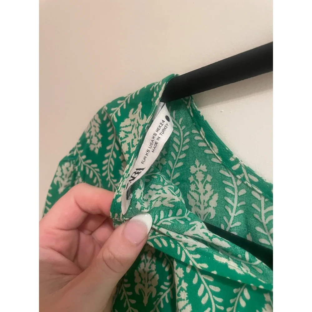 Zara Green White Leaf Print Puff Sleeve Drawstring Cropped Blouse Top XS